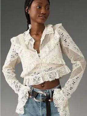 Anthropologie Cream Crochet Lace Ruffle Blouse